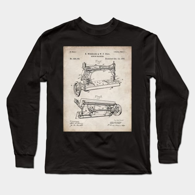Sewing Machine Patent - Seamstress Craft Sewing Room Art - Antique Long Sleeve T-Shirt by patentpress